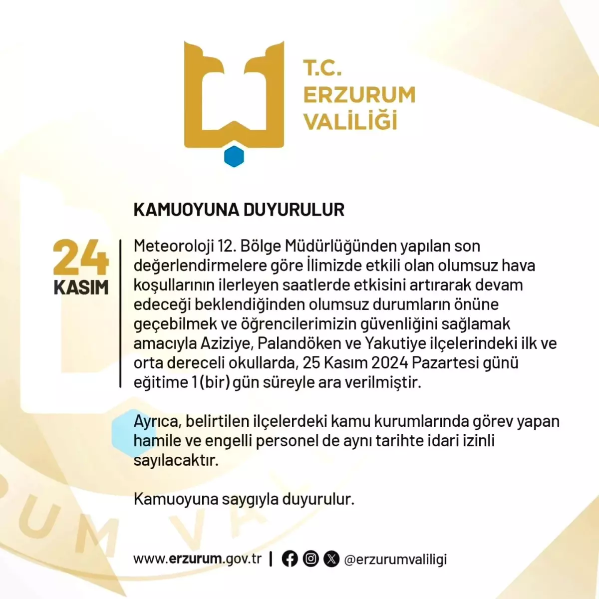 Erzurum’da Kar Yağışı Nedeniyle Eğitime Ara Verildi